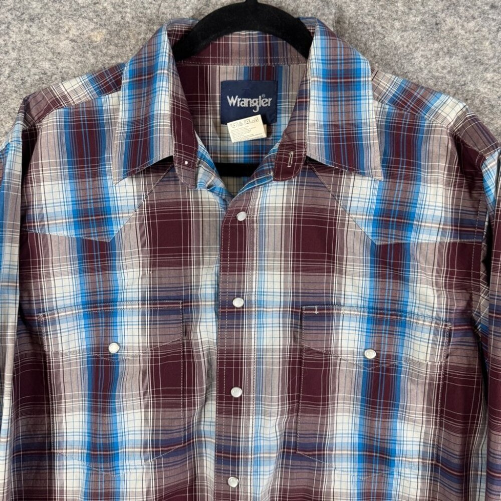 Vintage Wrangler Plaid Western Burgundy Pearl Snap Button Shirt L Tall Cotton - Picture 3 of 14